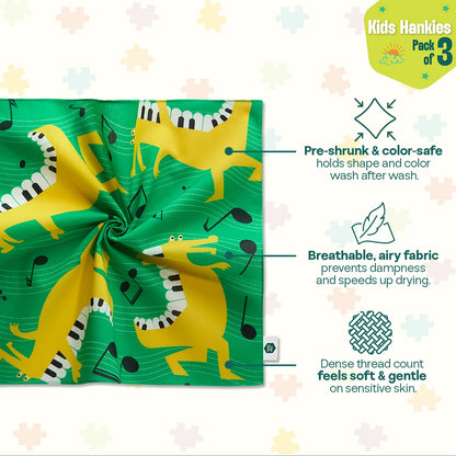 Jungle Safari! Unisex Kid's Hankies, 100% Organic Cotton, Pack of 3