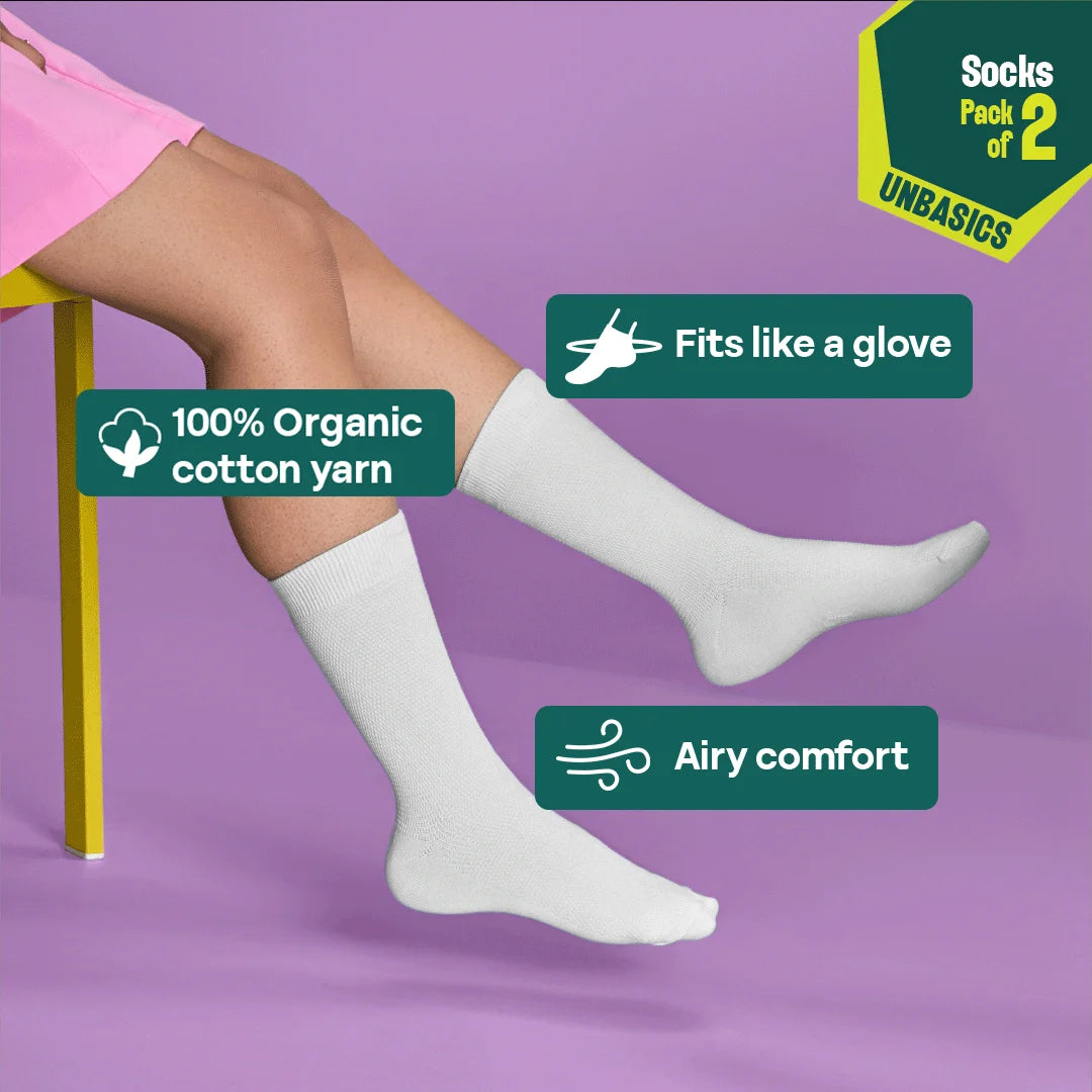 Milky White! Unisex Socks, 100% Organic Cotton, Crew Length, Pack of 2