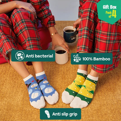 HO! HO! Merry Sox-mas! Unisex Ankle Length Socks, 100% Organic Cotton, Gift Box of 4