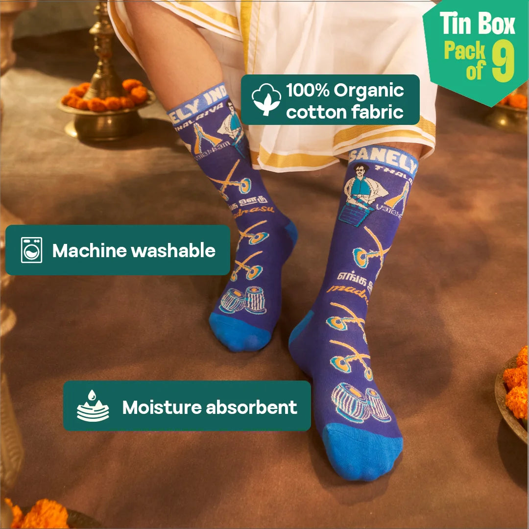Vanakkam Vibes! Tin Gift Box, 6 Hankies + 3 Socks, 100% Organic Cotton, Box of 9