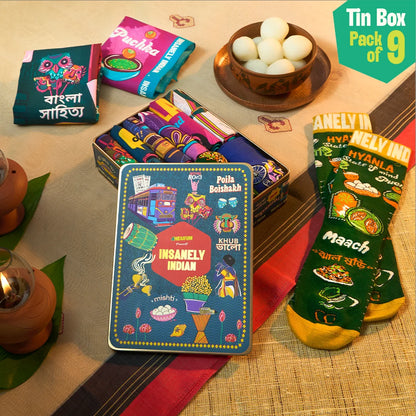 Next Level Bhalo! Tin Gift Box, 6 Hankies + 3 Socks, 100% Organic Cotton, Box of 9