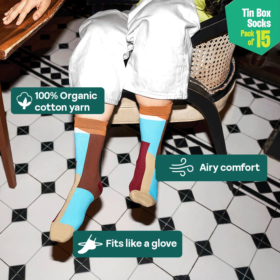 Chaos Maker! Tin Gift Box, Unisex Crew Length Socks, 100% Organic Cotton, Box Of 15