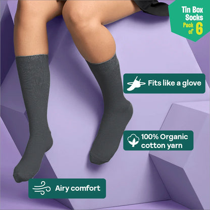 Office Flex! Tin Gift Box, Unisex Crew Length Socks, 100% Organic Cotton, Gift Box of 06