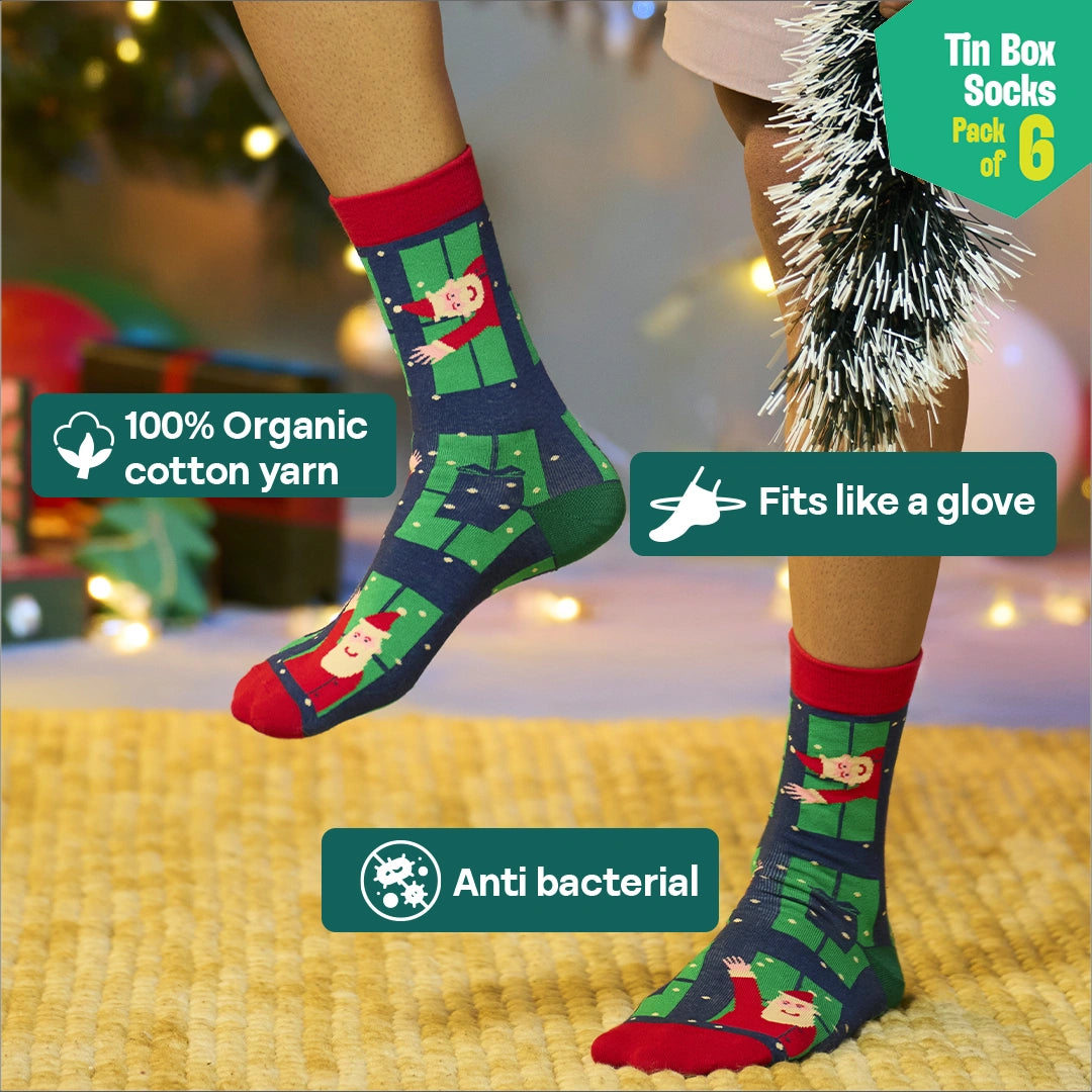 Season Splash! Tin Gift Box, Unisex Crew Length Socks, 100% Organic Cotton, Box of 6