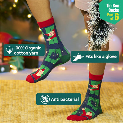 Season Splash! Tin Gift Box, Unisex Crew Length Socks, 100% Organic Cotton, Box of 6