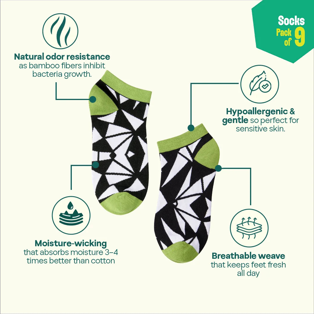 Strike A Pose! Unisex Socks, 100% Bamboo, Ankle Length, Pack of 9