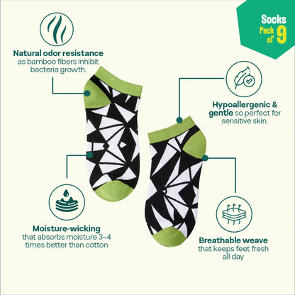 Strike A Pose! Unisex Socks, 100% Bamboo, Ankle Length, Pack of 9