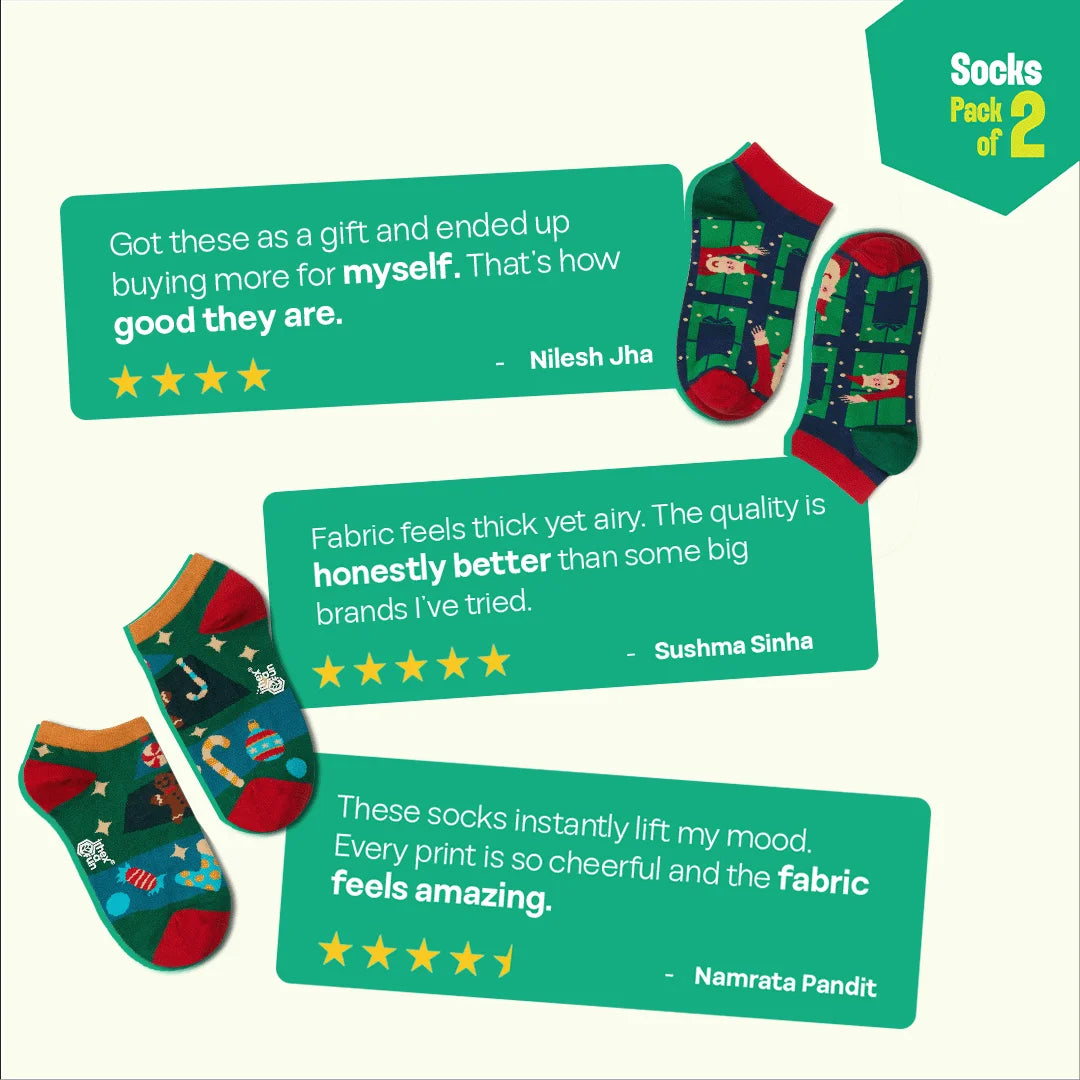 Xmas Duo! Unisex Socks, 100% Organic Cotton, Ankle Length, Pack of 2
