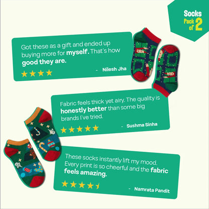 Xmas Duo! Unisex Socks, 100% Organic Cotton, Ankle Length, Pack of 2