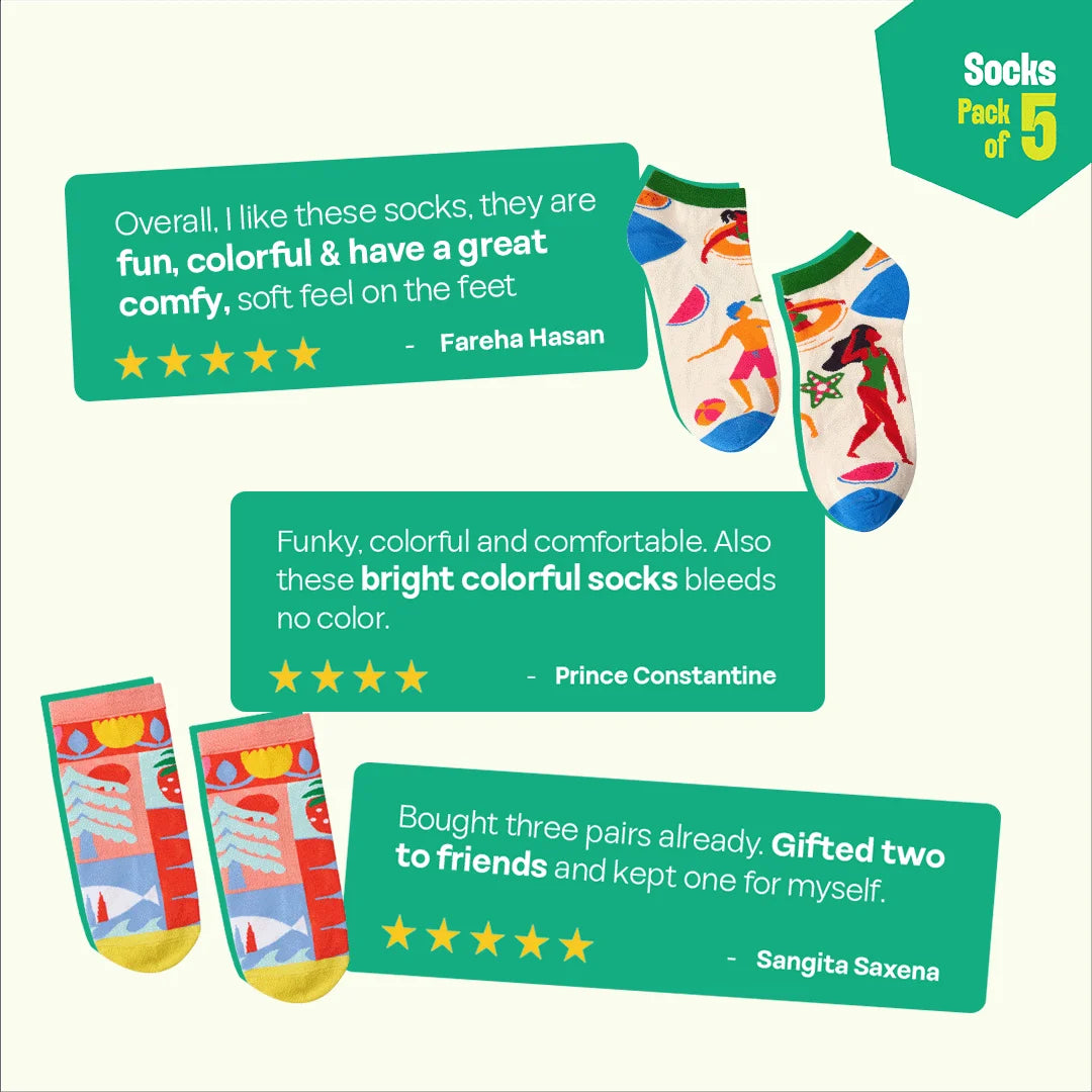 Fashion Fusion! Unisex Socks, 100% Bamboo Made, Ankle Length, Pack of 5