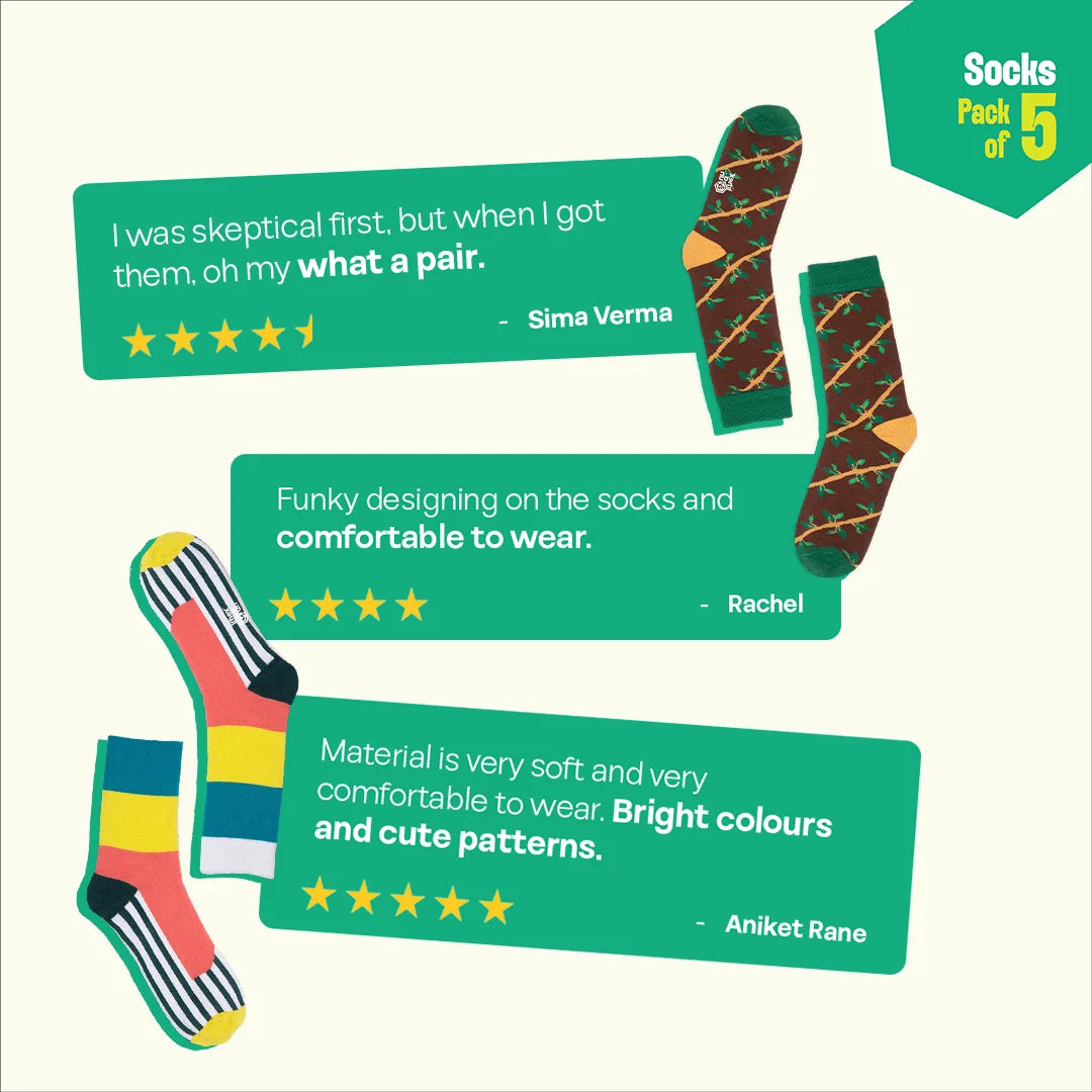 Pattern Palooza! Unisex Socks, 100% Organic Cotton, Crew Length, Pack of 5