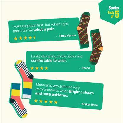 Pattern Palooza! Unisex Socks, 100% Organic Cotton, Crew Length, Pack of 5