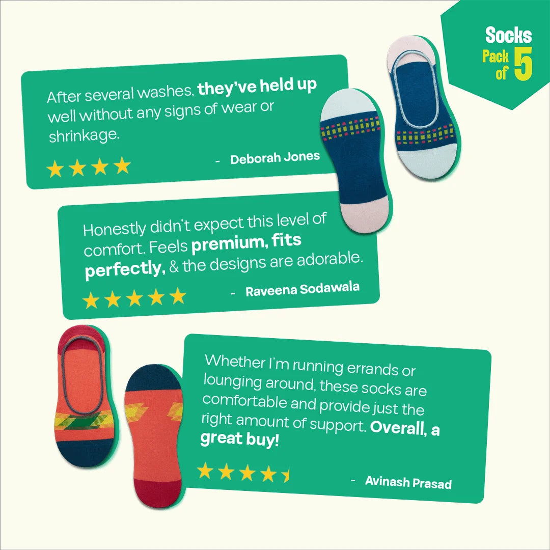 Loud Mix! Unisex Socks, 100% Organic Cotton, No Show, Pack of 5