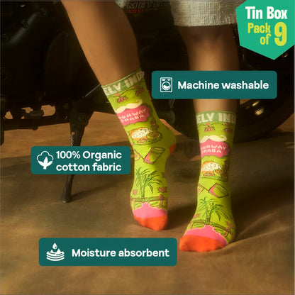 Horn Ok Please! Tin Gift Box, 6 Hankies + 3 Socks, 100% Organic Cotton, Box of 9