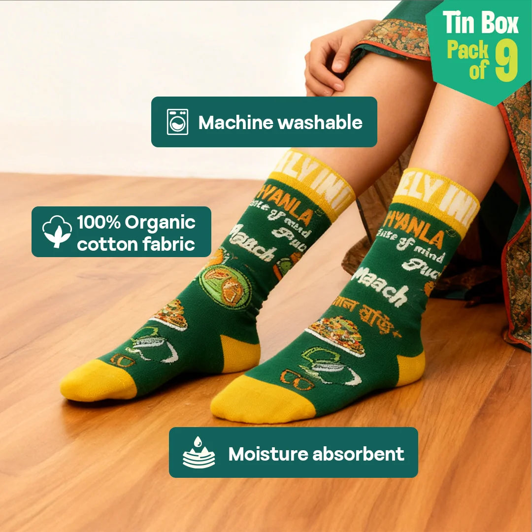 Next Level Bhalo! Tin Gift Box, 6 Hankies + 3 Socks, 100% Organic Cotton, Box of 9