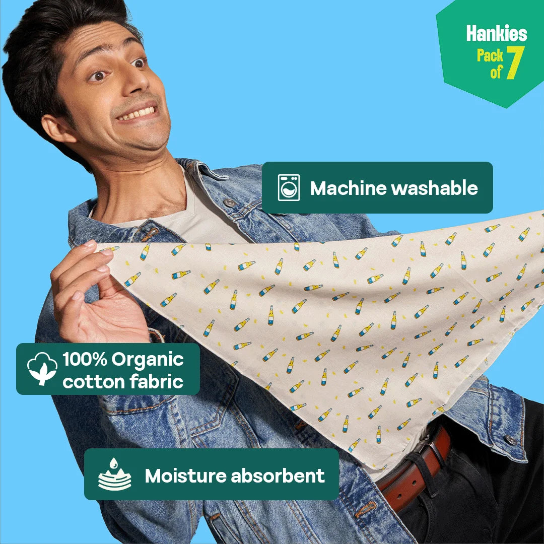 Happy Hour! Unisex Hankies, 100% Organic Cotton, Pack of 7