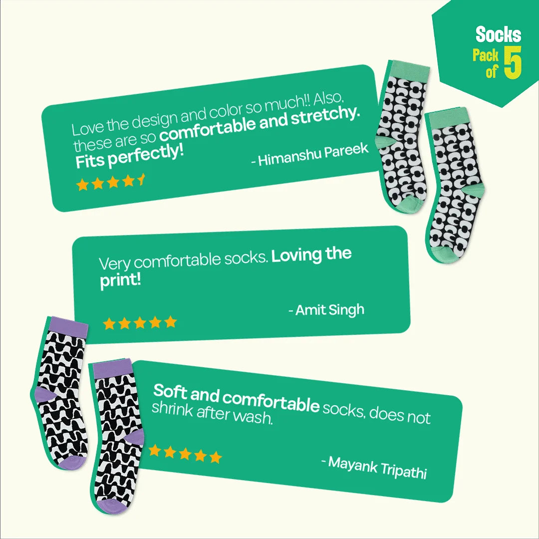 Monochromatic Twist! Unisex Socks, 100% Bamboo, Crew Length, Pack of 5