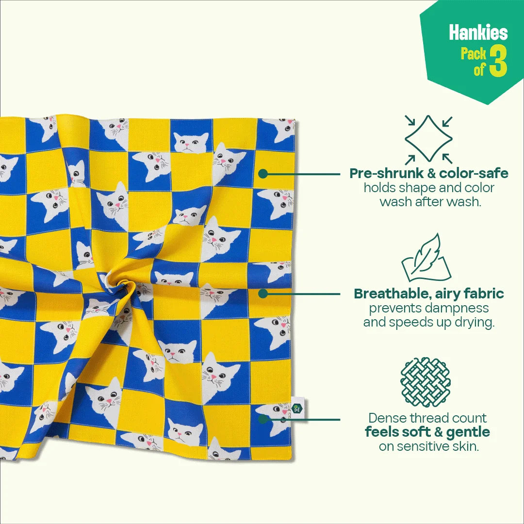 Just Meow Opinion! Unisex Hankies, 100% Organic Cotton, Pack of 3