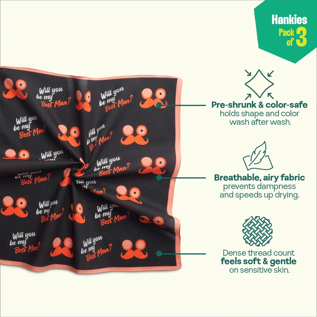 Bachelor Party! Unisex Hankies, 100% Organic Cotton, Pack of 3