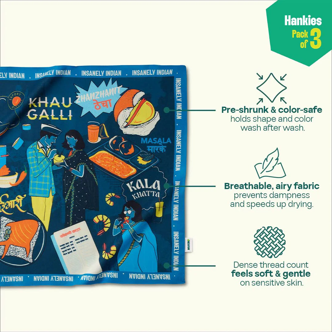 Aamchi Style! Unisex Hankies, 100% Organic Cotton, Pack of 3