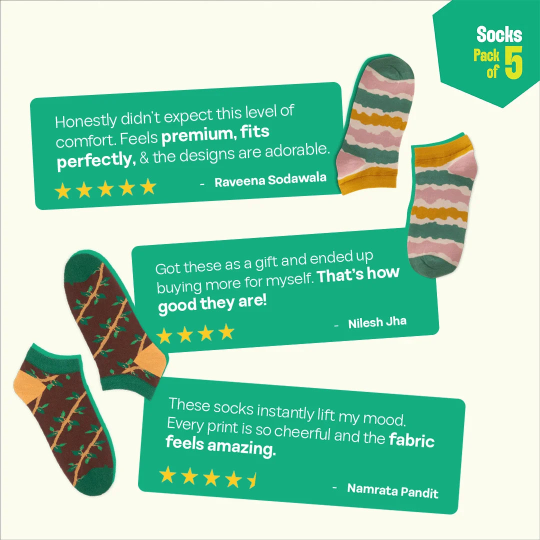 Pattern Palooza! Unisex Socks, 100% Organic Cotton, Ankle Length, Pack of 5