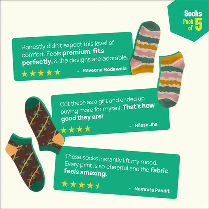 Pattern Palooza! Unisex Socks, 100% Organic Cotton, Ankle Length, Pack of 5