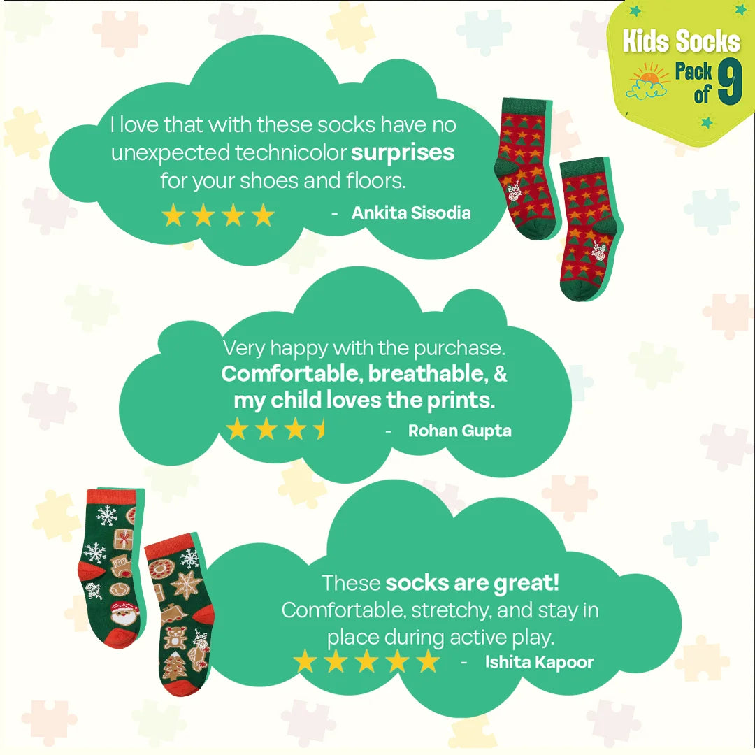 Snowflake Dance! Unisex Kid's Socks, 100% Bamboo, Crew Length, Pack of 9