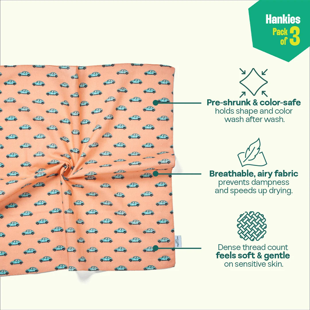 Travelicious! Unisex Hankies, 100% Organic Cotton, Pack of 3