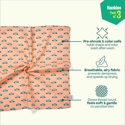 Travelicious! Unisex Hankies, 100% Organic Cotton, Pack of 3