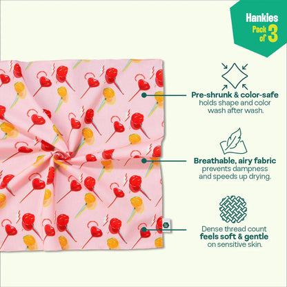 Sweet Tooth! Unisex Hankies, 100% Organic Cotton, Pack of 3