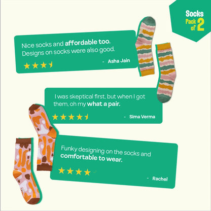 Fun Duo! Unisex Socks, 100% Organic Cotton, Crew Length, Pack of 2