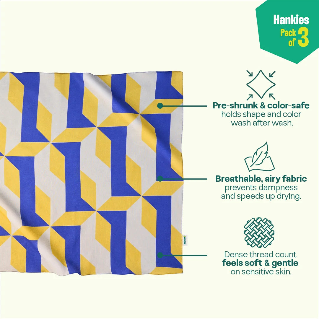 Mosaic Motion! Unisex Hankies, 100% Organic Cotton, Pack of 3