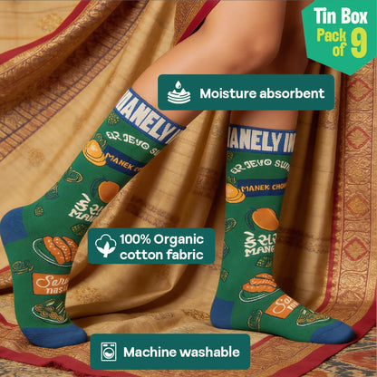 Majjama Mood Box! Tin Gift Box, 6 Hankies + 3 Socks, 100% Organic Cotton, Box of 9