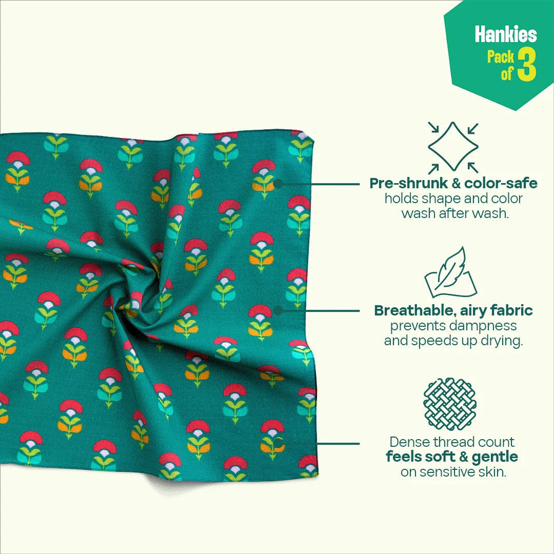 F&F! Flora & Fauna! Unisex Hankies, 100% Organic Cotton, Pack of 3