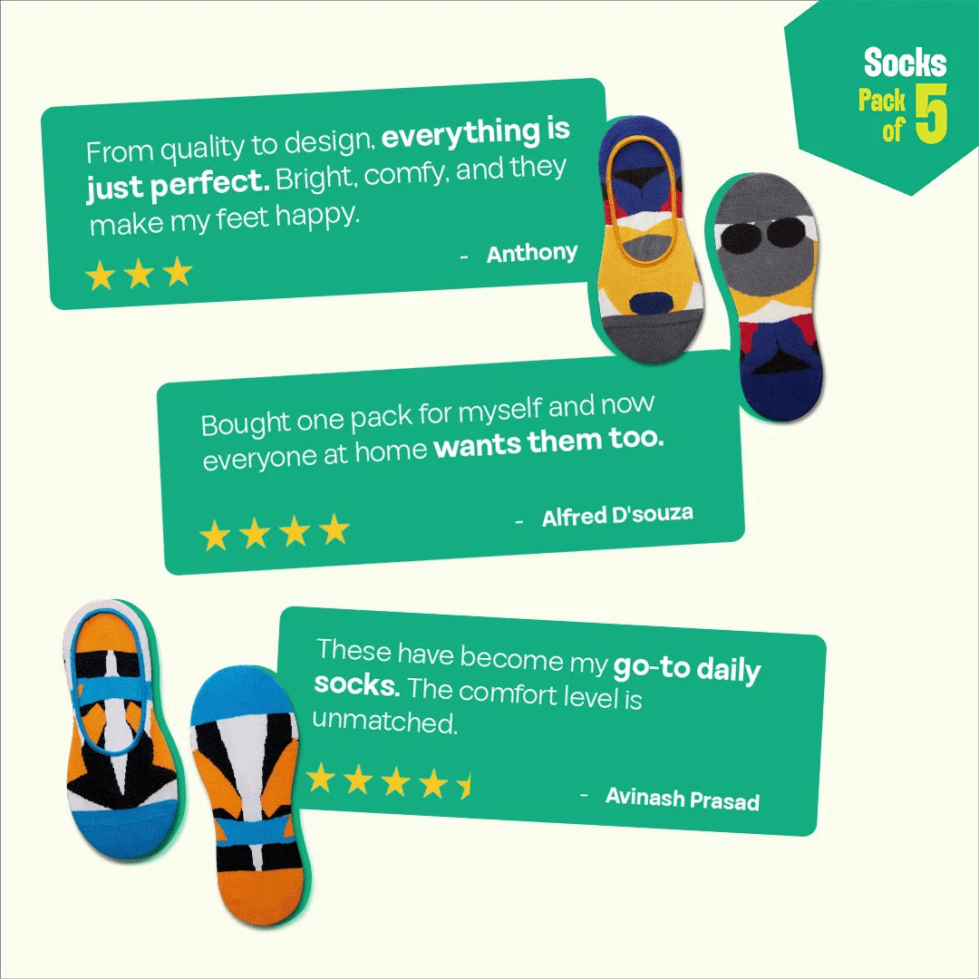 Out Of The Block! Unisex Socks, 100% Organic Cotton, No Show, Pack of 5