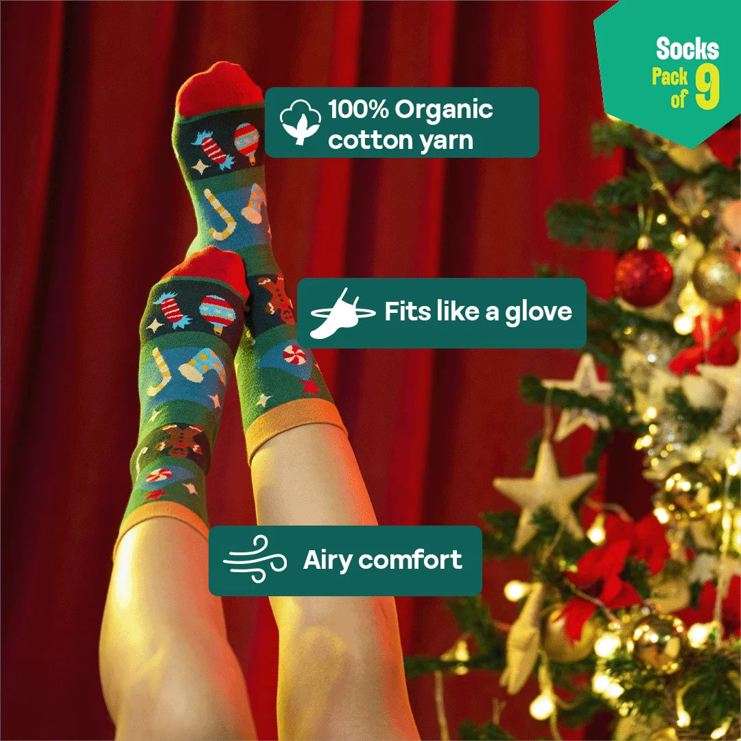 Christmas Music! Unisex Socks, 100% Organic Cotton, Crew Length, Pack of 9