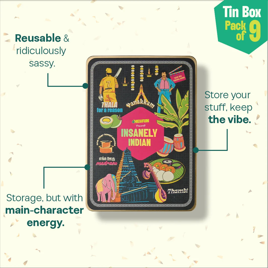 Vanakkam Vibes! Tin Gift Box, 6 Hankies + 3 Socks, 100% Organic Cotton, Box of 9