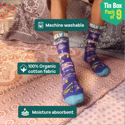 Lai Bhari Drip! Tin Gift Box, 6 Hankies + 3 Socks, 100% Organic Cotton, Box of 9