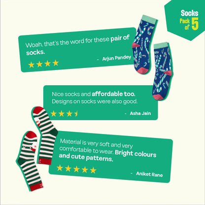 Christmas Punch! Unisex Socks, 100% Organic Cotton,  Crew Length, Pack of 5