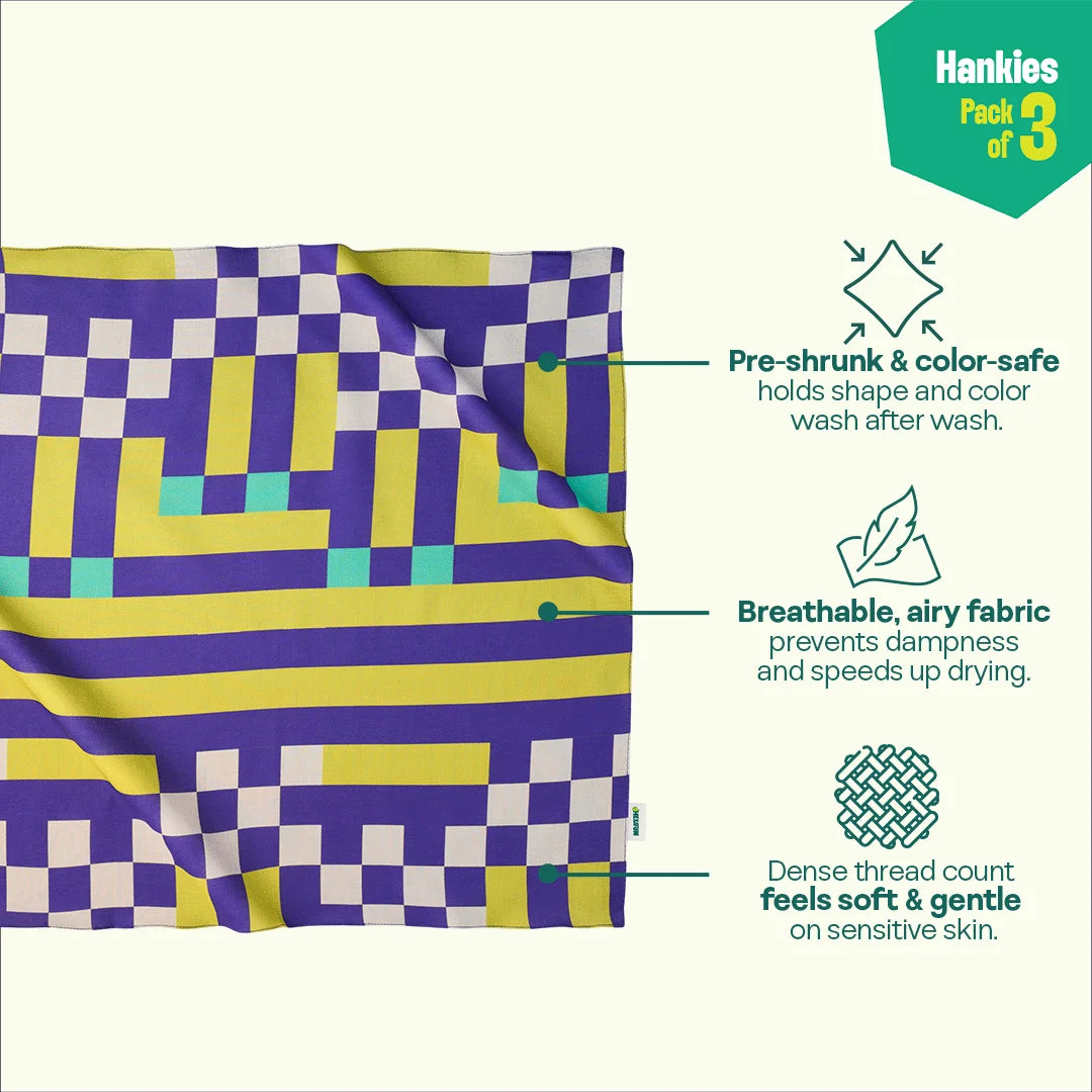 Pixel Chaos! Unisex Hankies, 100% Organic Cotton, Pack of 3