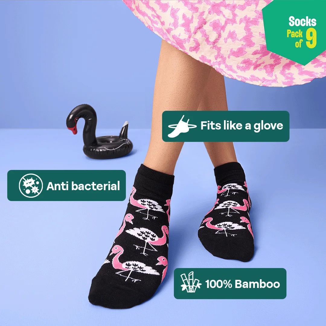 Strike A Pose! Unisex Socks, 100% Bamboo, Ankle Length, Pack of 9
