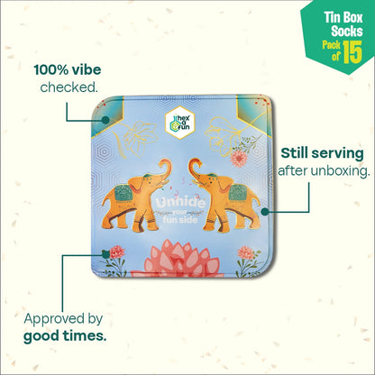 EOD! Elephant Of The Day! Tin Gift Box, Unisex Ankle Length Socks, 100% Organic Cotton, Box Of 15