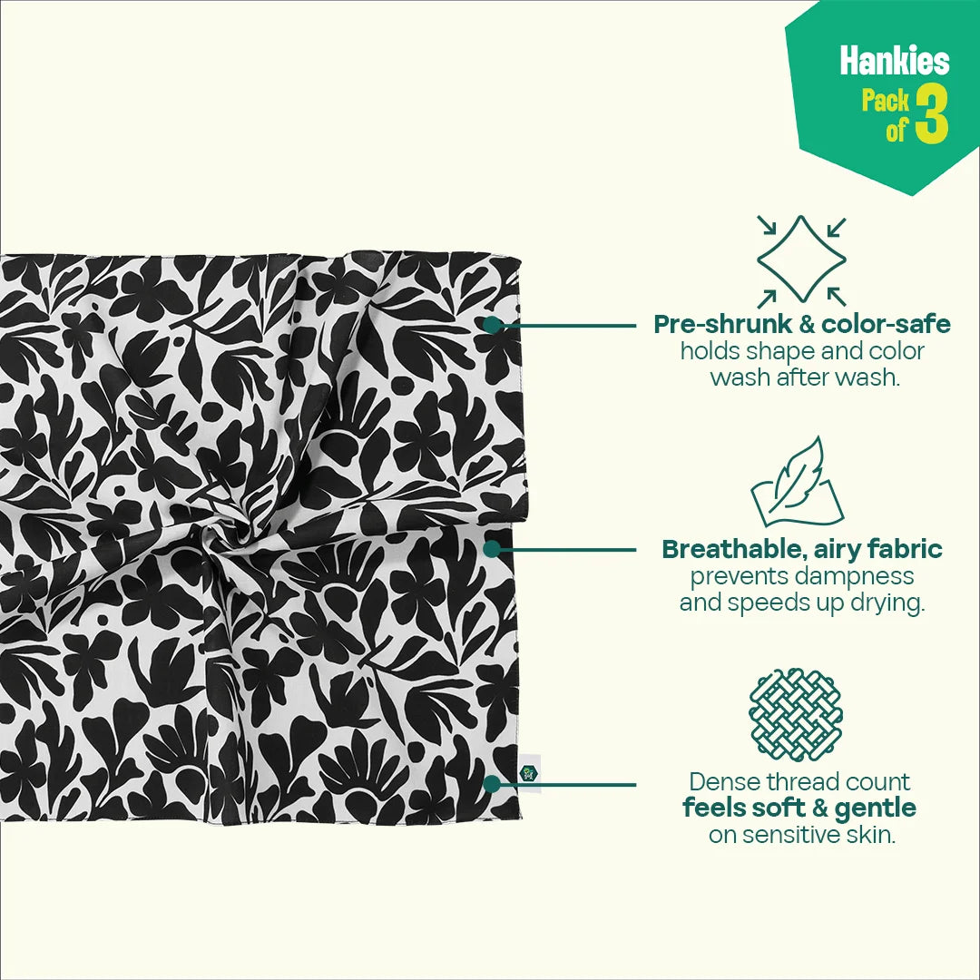 Blooming Tales! Unisex Hankies, 100% Organic Cotton, Pack of 3