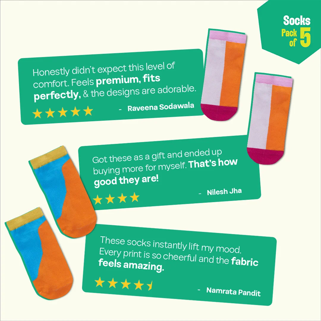 Color Pop Story! Unisex Socks, 100% Organic Cotton,  Ankle Length, Pack of 5