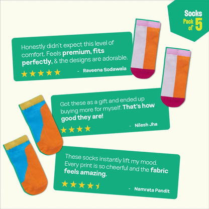 Color Pop Story! Unisex Socks, 100% Organic Cotton,  Ankle Length, Pack of 5