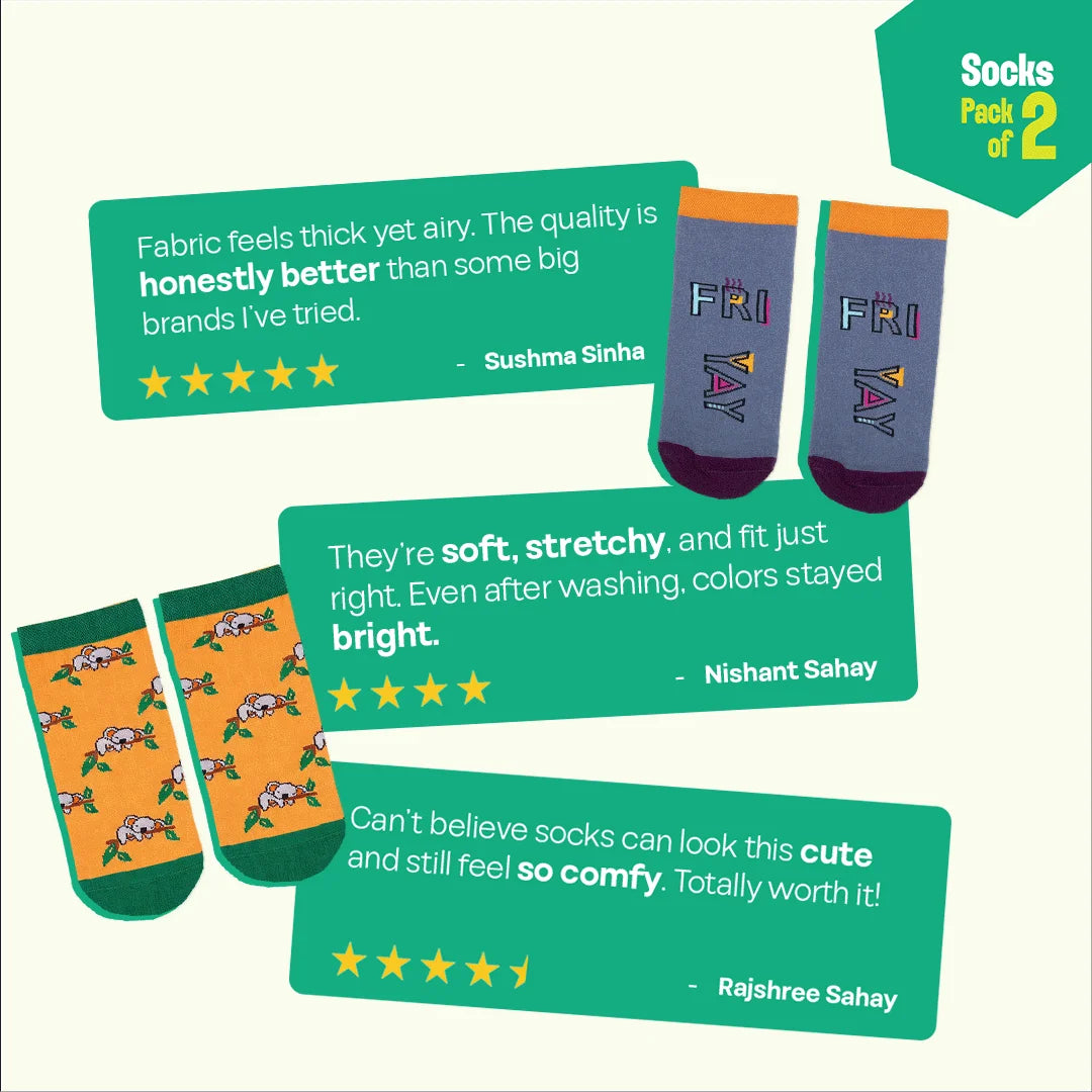 Weekend! Unisex Socks, 100% Organic Cotton, Ankle Length, Pack of 2