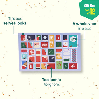 Xmas Stamps 2.0! 6 Unisex Kid's Socks + 6 Unisex Kid's Hankies, 100% Sustainable, Gift Box of 12