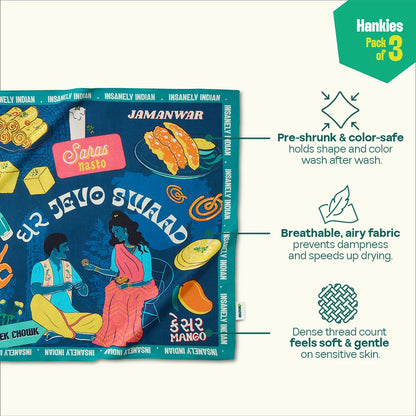 Gujju Paglu! Unisex Hankies, 100% Organic Cotton, Pack of 3
