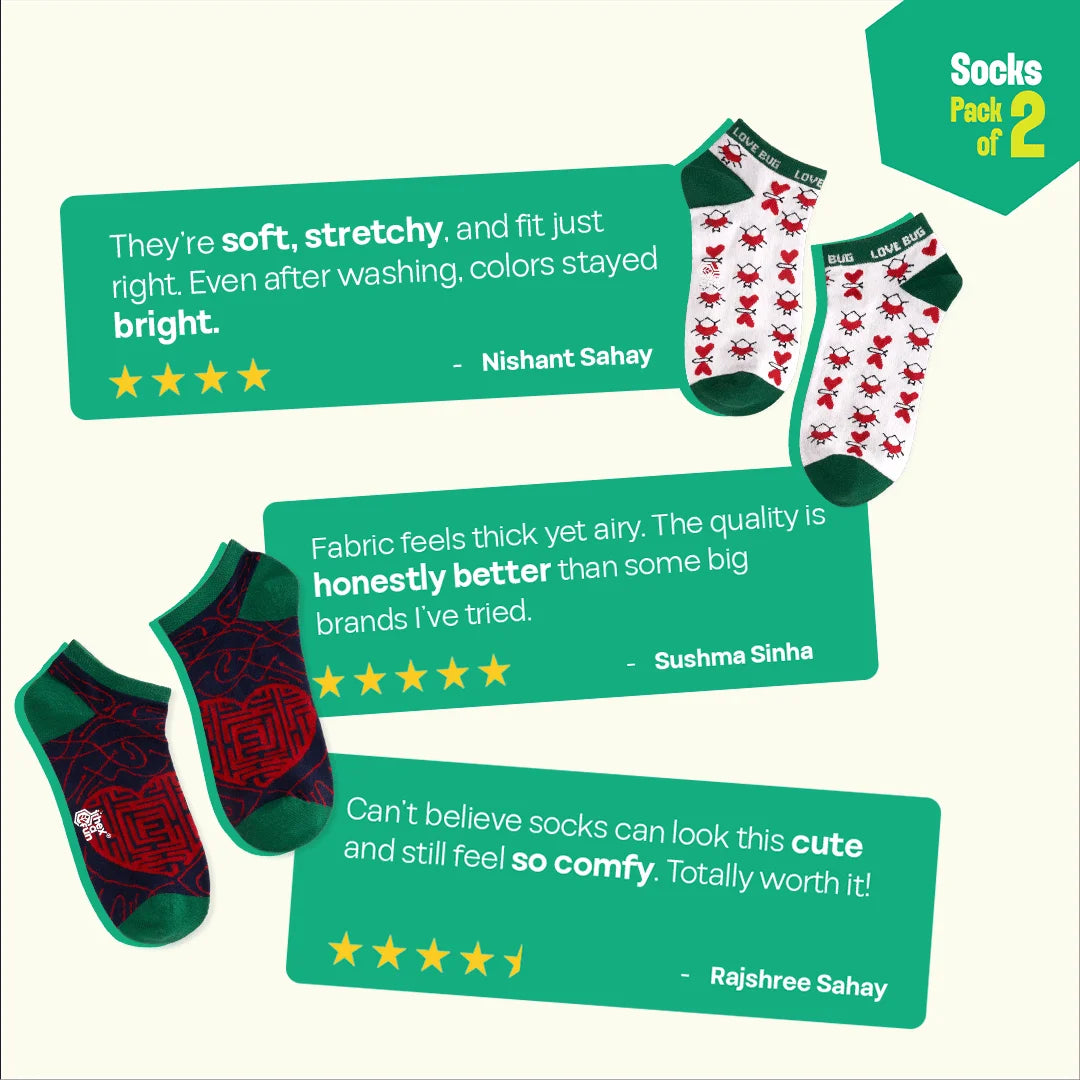 Finding Love! Unisex Socks, 100% Organic Cotton, Ankle Length, Pack of 2