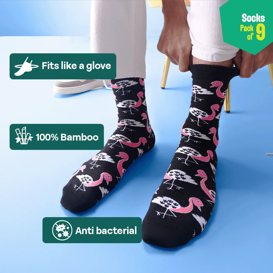 Strike A Pose! Unisex Socks, 100% Bamboo, Crew Length, Pack of 9